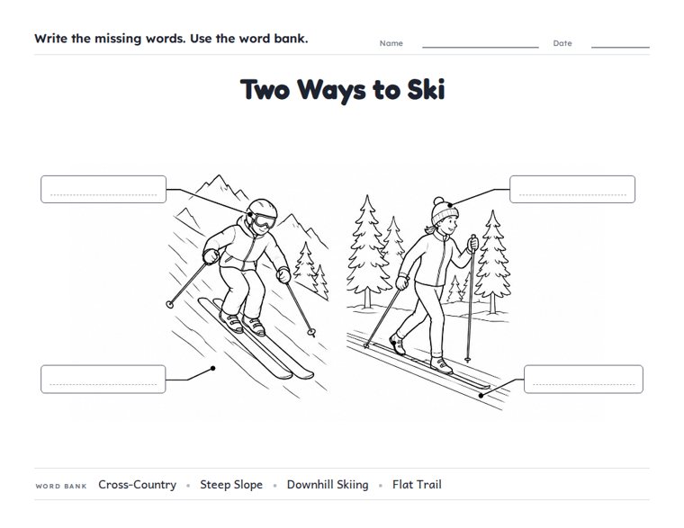 Two Ways to Ski worksheet (Medium, Grades 1–2)