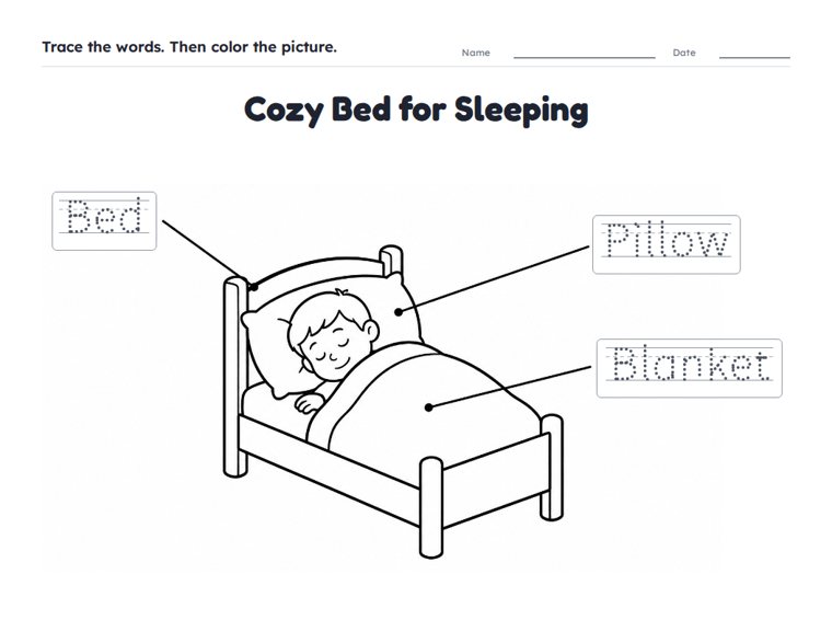 Cozy Bed for Sleeping worksheet (Easy, Pre-K–K)