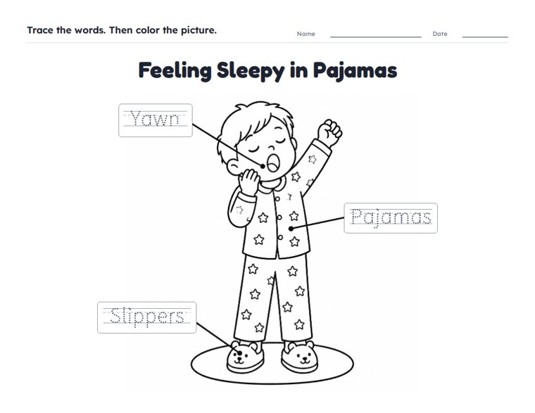 Feeling Sleepy in Pajamas worksheet (Easy, Pre-K–K)