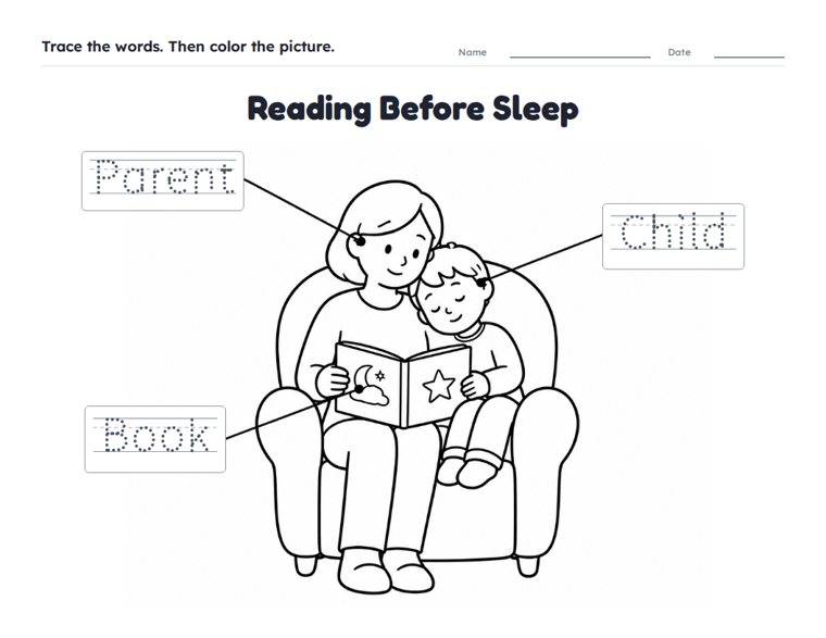 Reading Before Sleep worksheet (Easy, Pre-K–K)