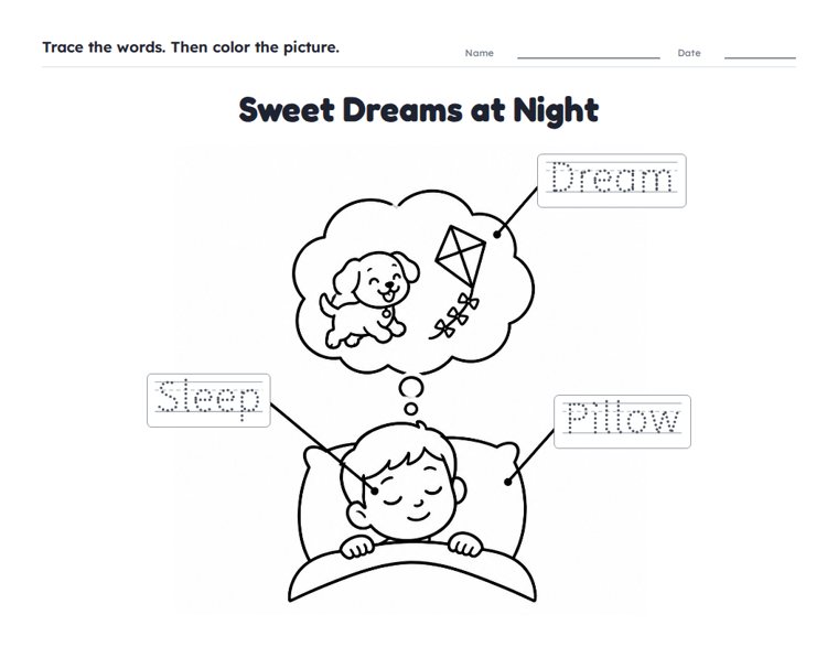 Sweet Dreams at Night worksheet (Easy, Pre-K–K)