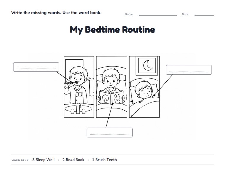 My Bedtime Routine worksheet (Medium, Grades 1–2)