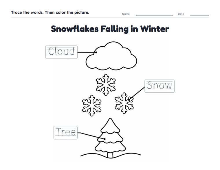 Snowflakes Falling in Winter worksheet (Easy, Pre-K–K)