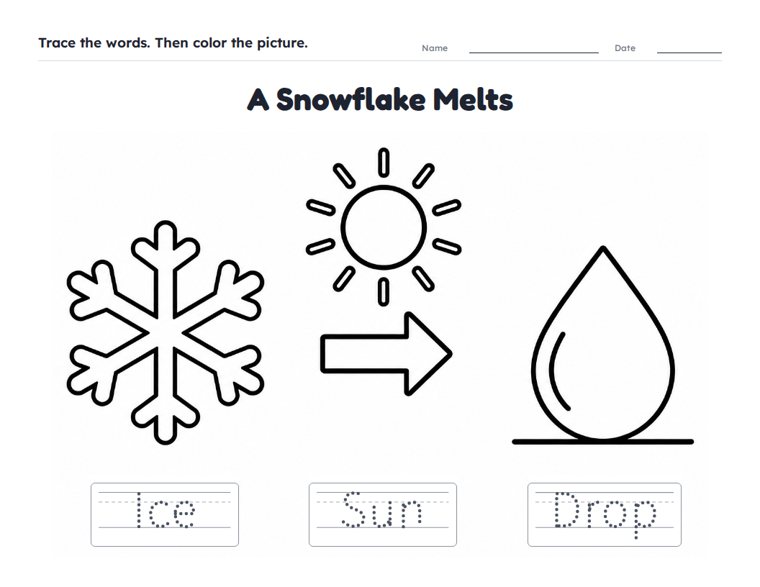 A Snowflake Melts worksheet (Easy, Pre-K–K)