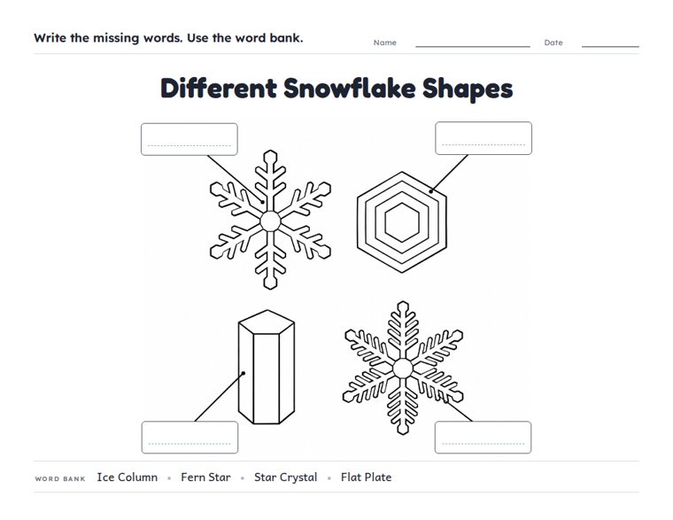 Different Snowflake Shapes worksheet (Medium, Grades 1–2)