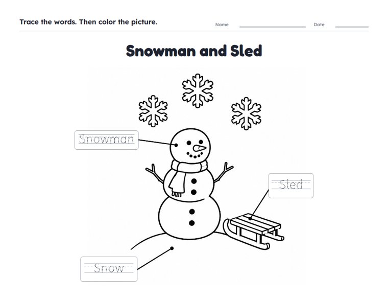 Snowman and Sled worksheet (Easy, Pre-K–K)