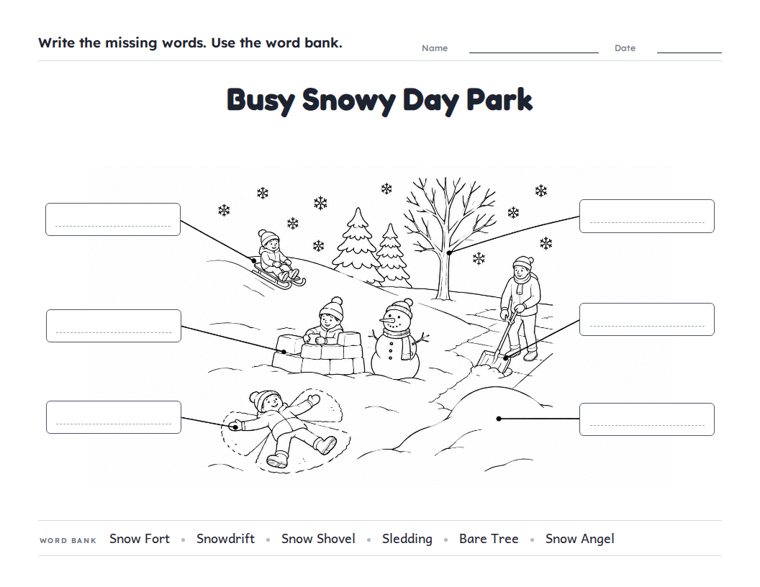 Busy Snowy Day Park worksheet (Hard, Grades 3–4)