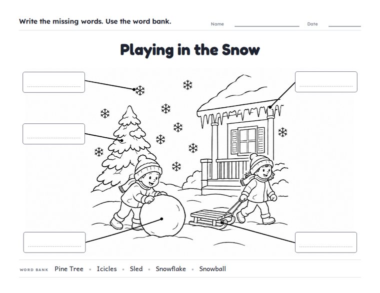 Playing in the Snow worksheet (Medium, Grades 1–2)