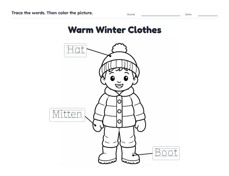 Warm Winter Clothes worksheet (Easy, Pre-K–K)