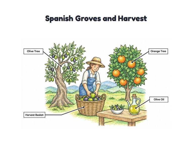Spanish Groves and Harvest worksheet (Medium, Grades 1–2)