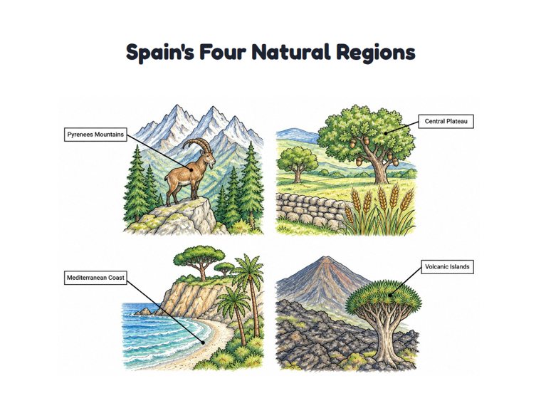 Spain's Four Natural Regions worksheet (Hard, Grades 3–4)