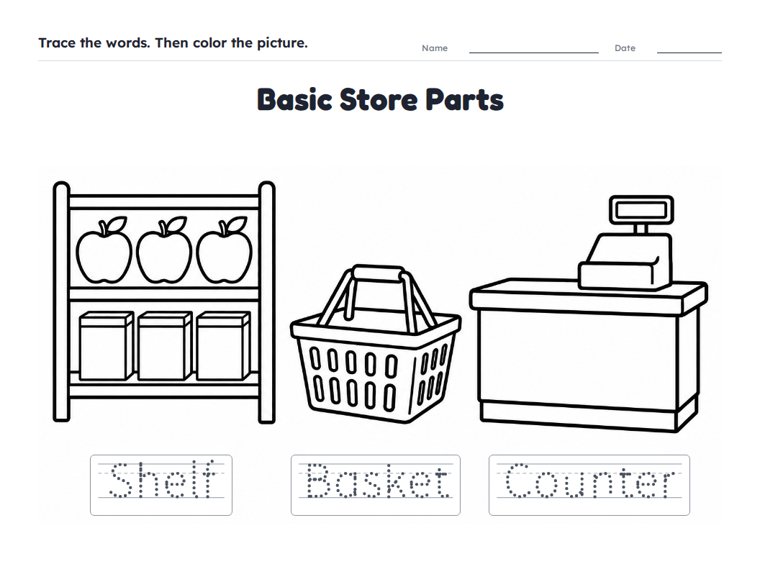 Basic Store Parts worksheet (Easy, Pre-K–K)