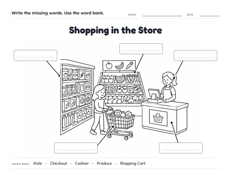 Shopping in the Store worksheet (Medium, Grades 1–2)