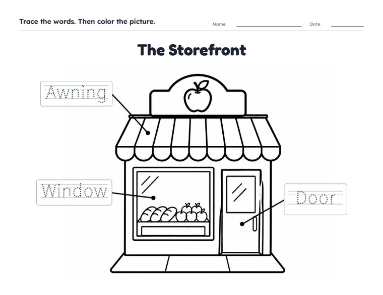 The Storefront worksheet (Easy, Pre-K–K)