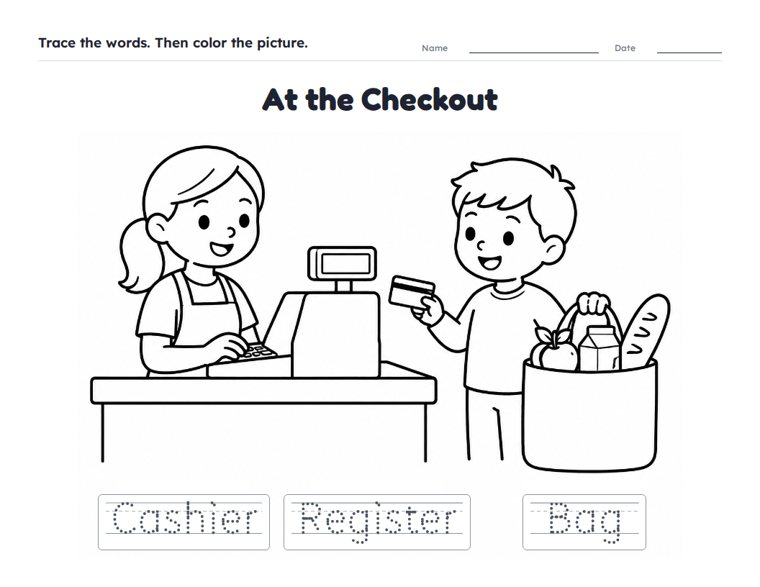 At the Checkout worksheet (Easy, Pre-K–K)
