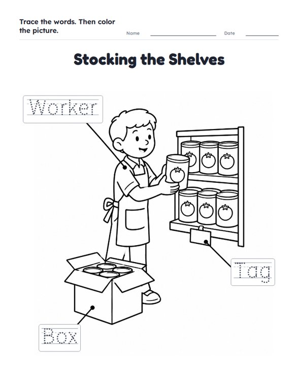 Stocking the Shelves worksheet (Easy, Pre-K–K)