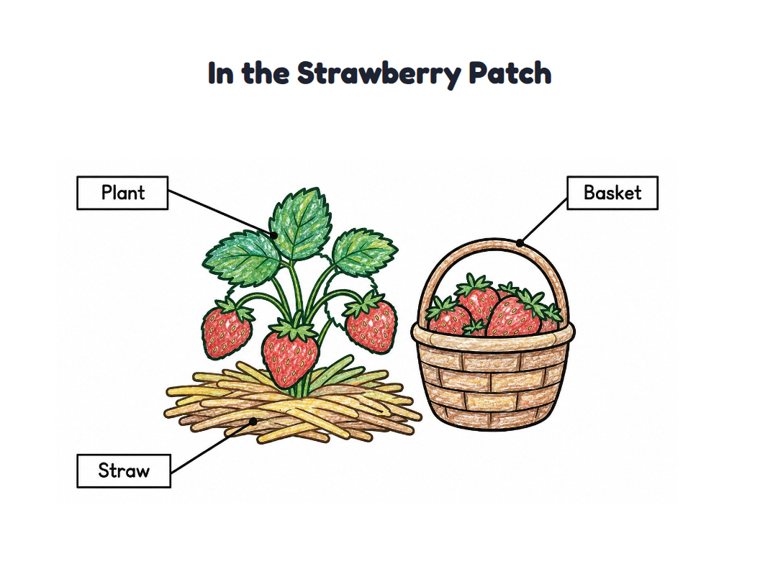 In the Strawberry Patch worksheet (Easy, Pre-K–K)
