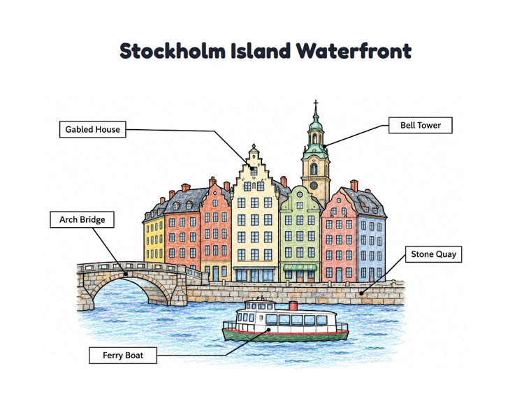 Stockholm Island Waterfront worksheet (Medium, Grades 1–2)