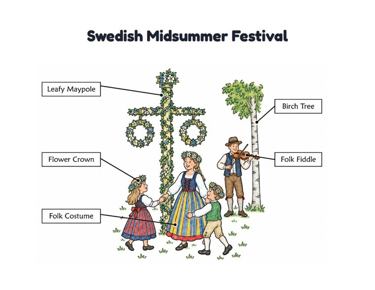 Swedish Midsummer Festival worksheet (Medium, Grades 1–2)