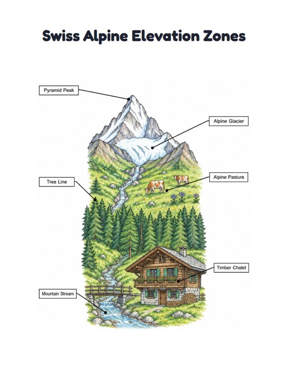 Swiss Alpine Elevation Zones worksheet (Hard, Grades 3–4)