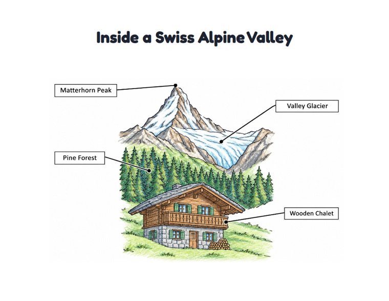 Inside a Swiss Alpine Valley worksheet (Medium, Grades 1–2)