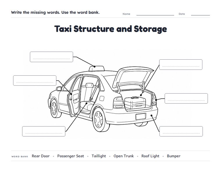Taxi Structure and Storage worksheet (Hard, Grades 3–4)