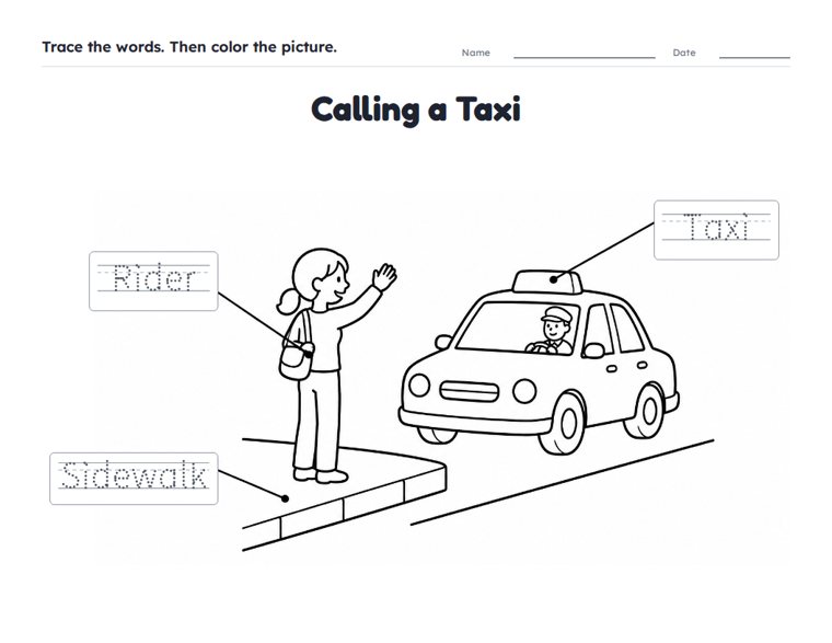 Calling a Taxi worksheet (Easy, Pre-K–K)