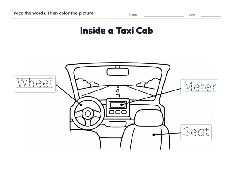 Inside a Taxi Cab worksheet (Easy, Pre-K–K)