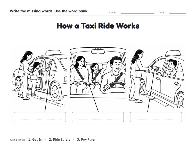 How a Taxi Ride Works worksheet (Medium, Grades 1–2)