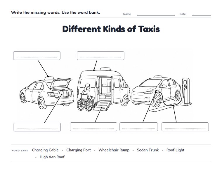 Different Kinds of Taxis worksheet (Hard, Grades 3–4)