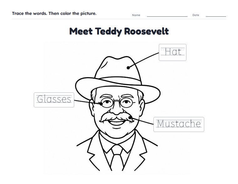 Meet Teddy Roosevelt worksheet (Easy, Pre-K–K)