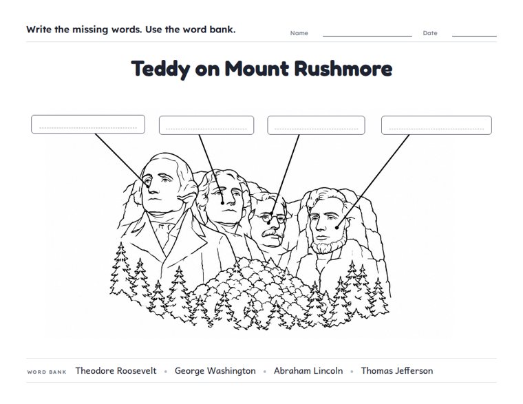 Teddy on Mount Rushmore worksheet (Medium, Grades 1–2)