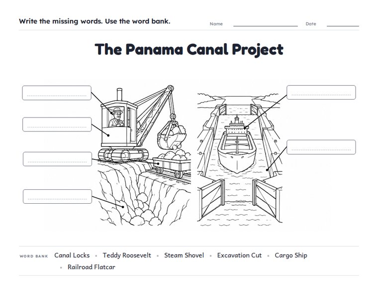 The Panama Canal Project worksheet (Hard, Grades 3–4)