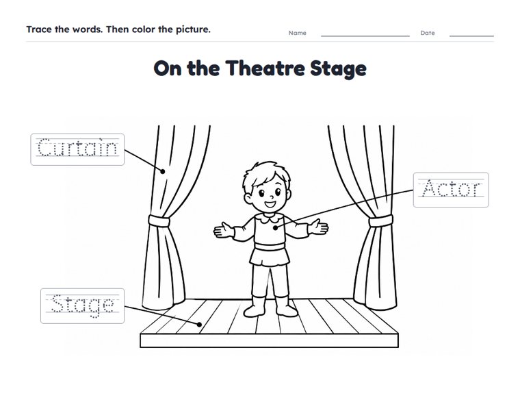 On the Theatre Stage worksheet (Easy, Pre-K–K)