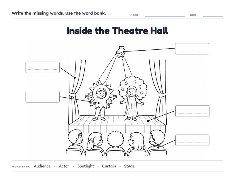 Inside the Theatre Hall worksheet (Medium, Grades 1–2)