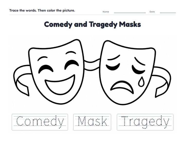 Comedy and Tragedy Masks worksheet (Easy, Pre-K–K)