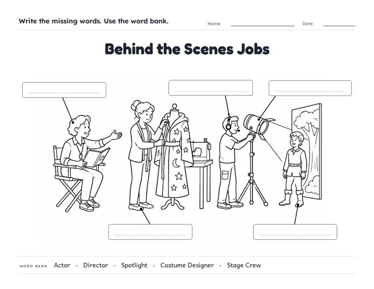 Behind the Scenes Jobs worksheet (Medium, Grades 1–2)