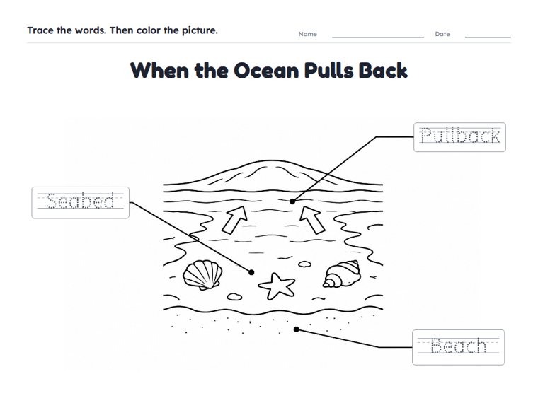 When the Ocean Pulls Back worksheet (Easy, Pre-K–K)