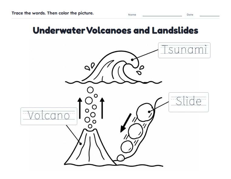 Underwater Volcanoes and Landslides worksheet (Easy, Pre-K–K)