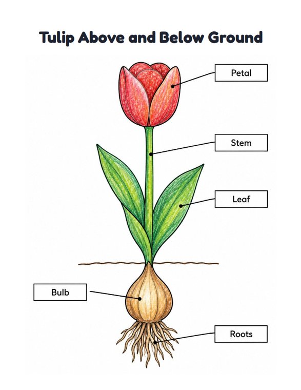 Tulip Above and Below Ground worksheet (Medium, Grades 1–2)