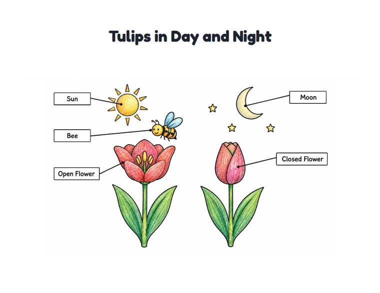 Tulips in Day and Night worksheet (Medium, Grades 1–2)