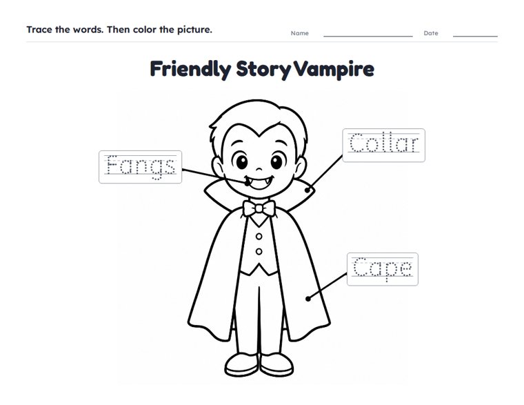 Friendly Story Vampire worksheet (Easy, Pre-K–K)
