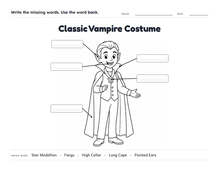 Classic Vampire Costume worksheet (Medium, Grades 1–2)