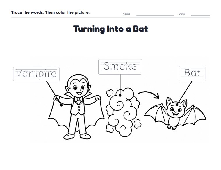 Turning Into a Bat worksheet (Easy, Pre-K–K)