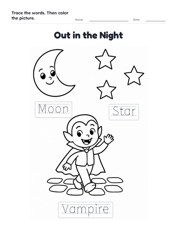 Out in the Night worksheet (Easy, Pre-K–K)