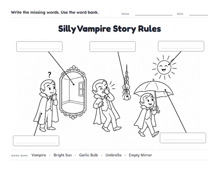 Silly Vampire Story Rules worksheet (Medium, Grades 1–2)