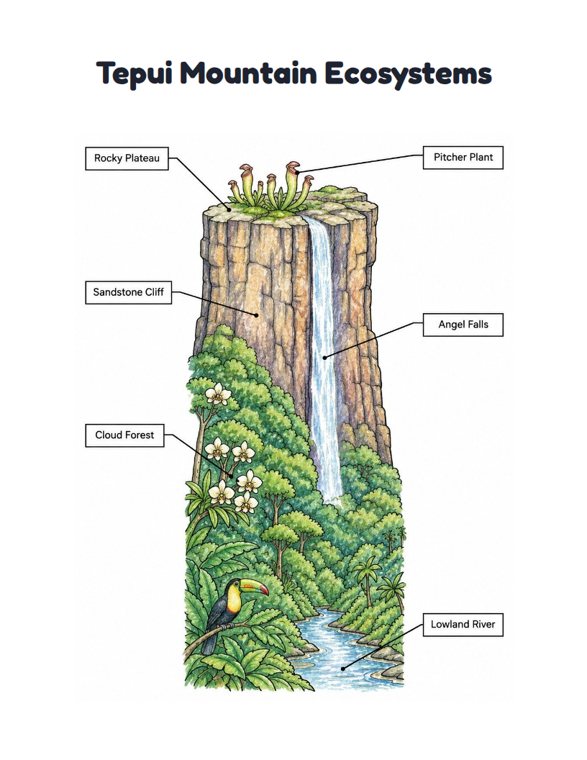 Tepui Mountain Ecosystems worksheet (Hard, Grades 3–4)