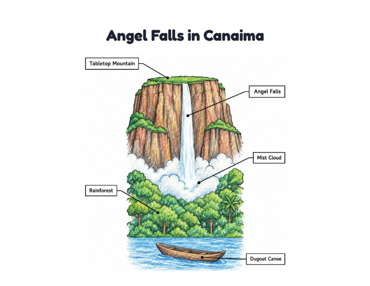 Angel Falls in Canaima worksheet (Medium, Grades 1–2)