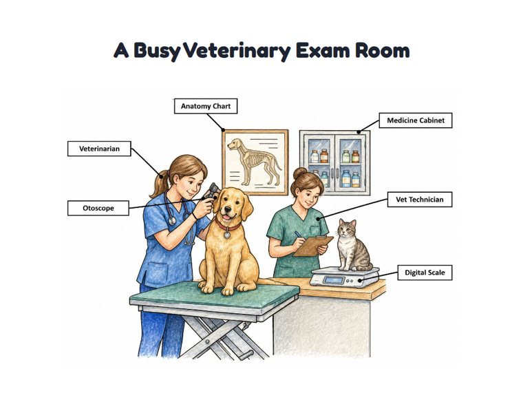 A Busy Veterinary Exam Room worksheet (Hard, Grades 3–4)