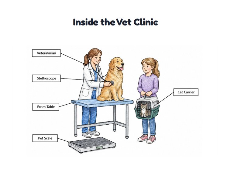 Inside the Vet Clinic worksheet (Medium, Grades 1–2)